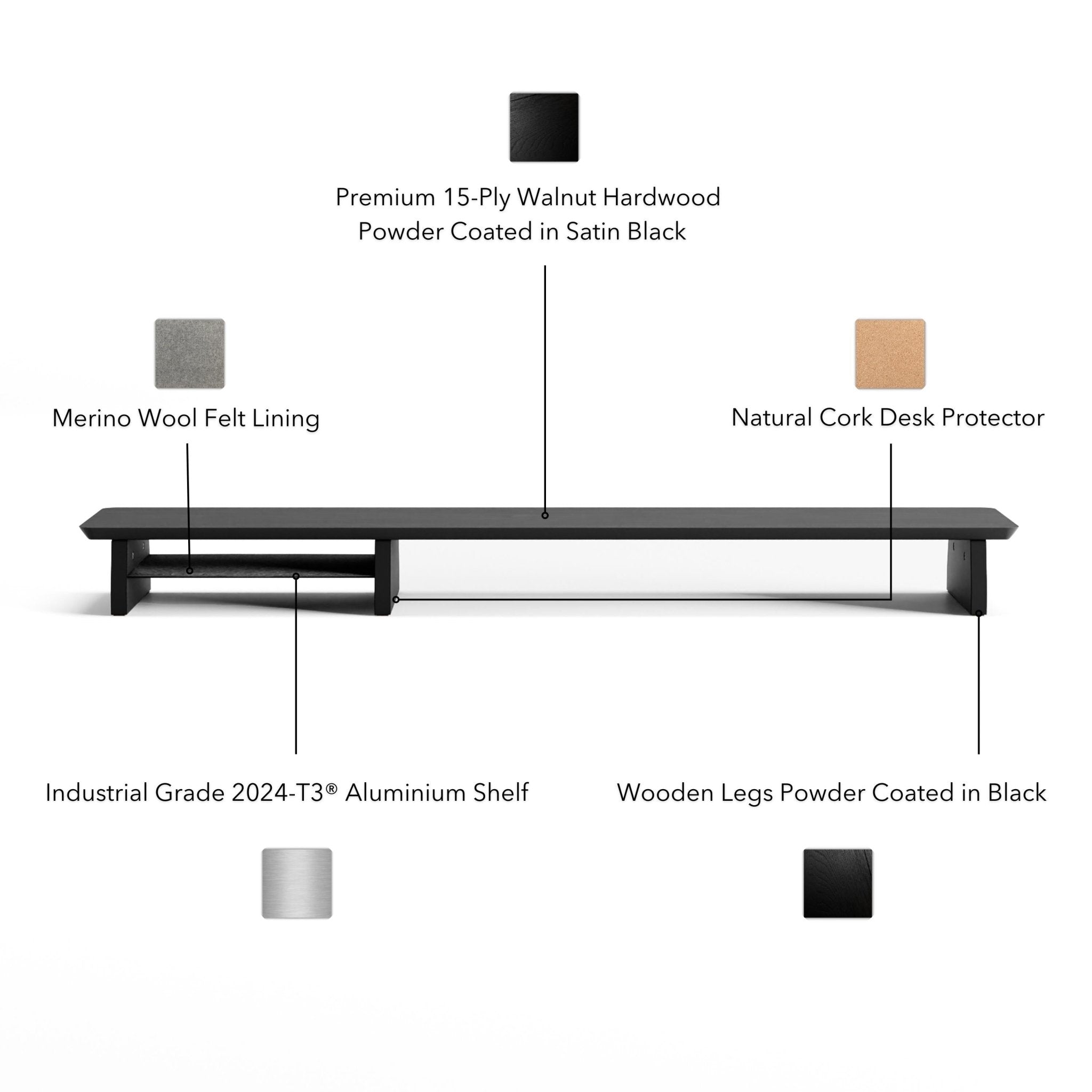 black desk shelf for monitor stand by Raico is made from  15-ply Premium Walnut Hardwood, aluminium, merino wool felt,  and cork feet.