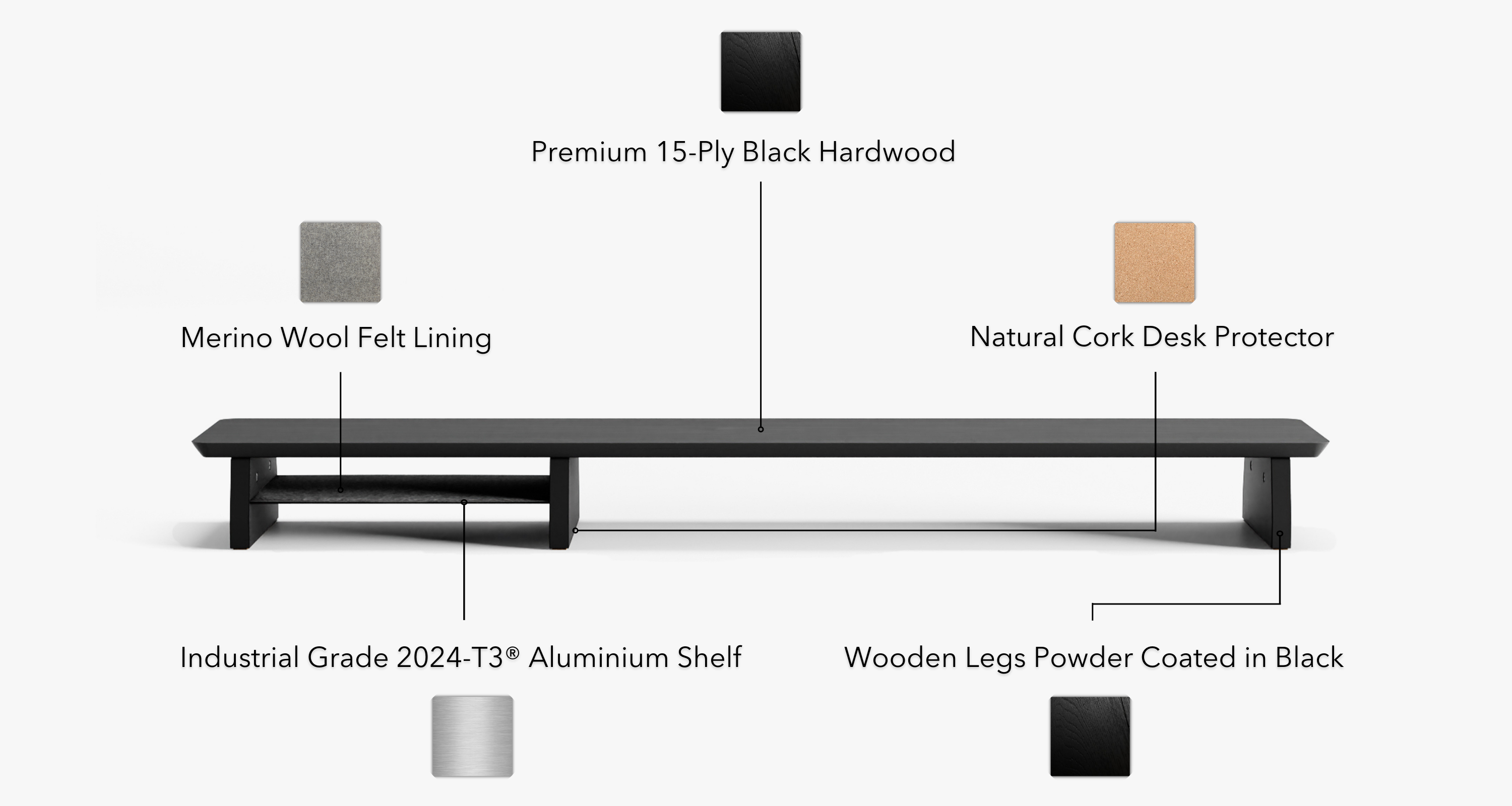 desk shelf for monitor stand is handcrafted from premium materials for a sleek, stylish design. Features include 15-ply premium walnut hardwood, industrial grade aluminum shelf with soft merino wool lining, and natural cork padding on the legs. Protect your tablets, laptops, and desk with this high-quality addition to your workspace